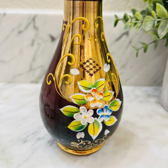 💰3/$15💰VTG  Hand painted amethyst floral bud vase bright gold - Picture 6 of 15